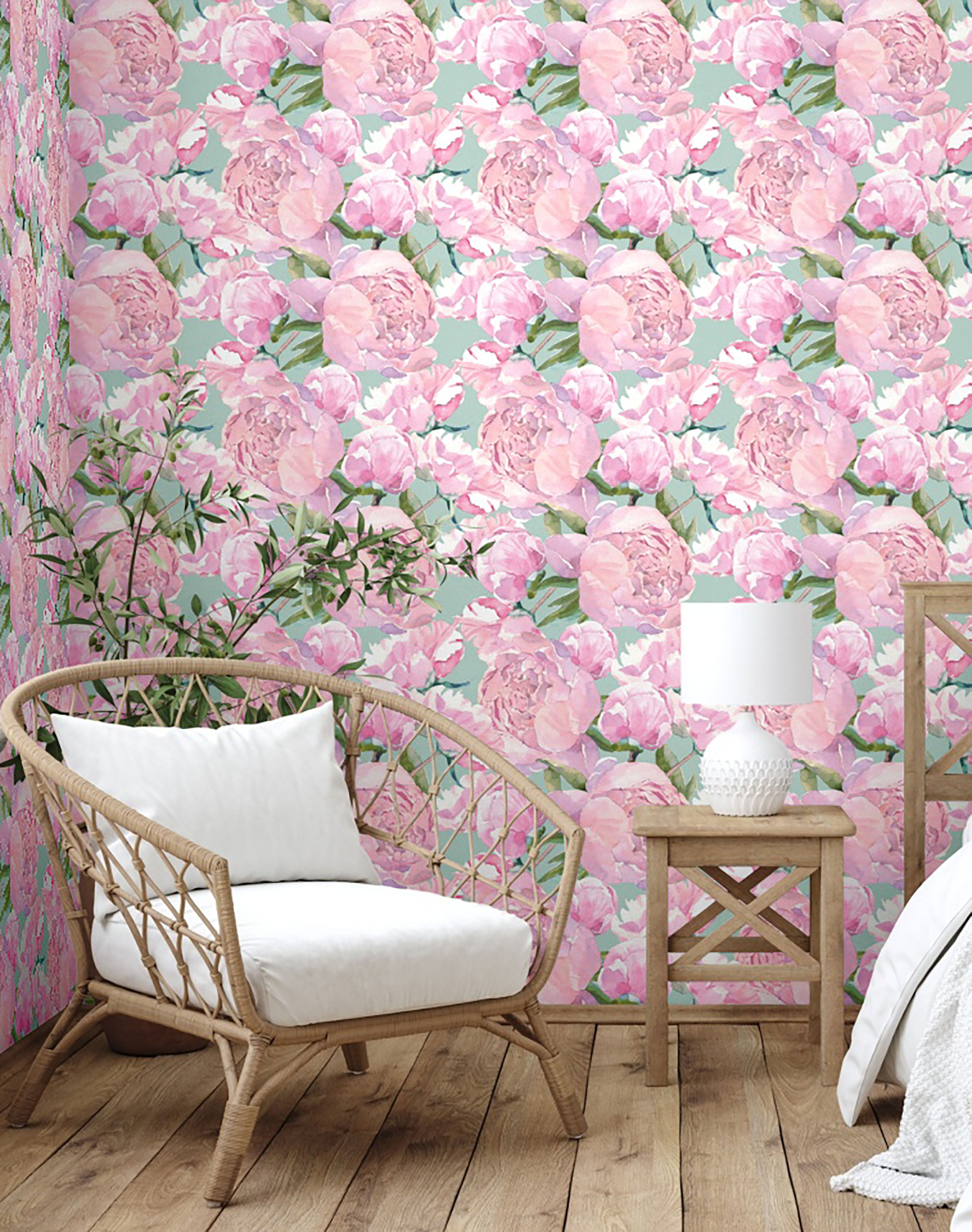 GW5141 Grace & Gardenia  Pink Watercolor Peonies  Peel and Stick Wallpaper Roll 20.5 inch Wide x 18 ft. Long, Pink Green