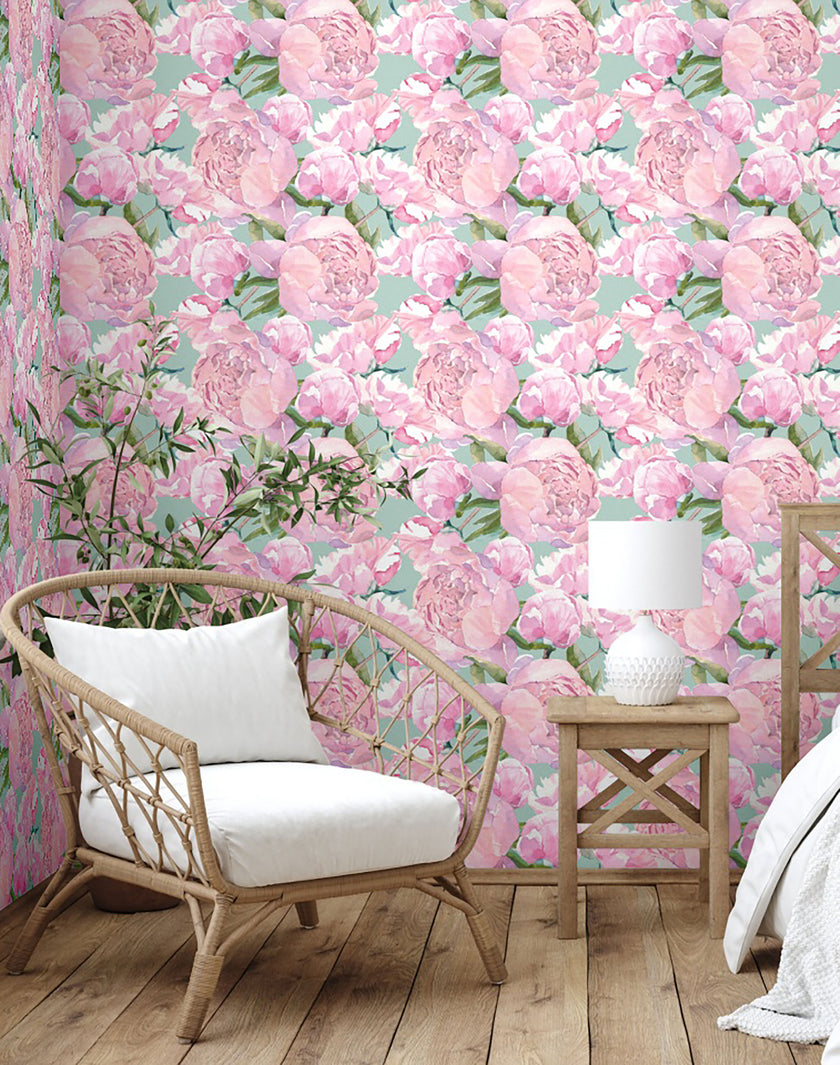 GW5141 Grace & Gardenia  Pink Watercolor Peonies Peel and Stick Wallpaper Roll 19 inch Wide x 18 ft. Long Pink Green