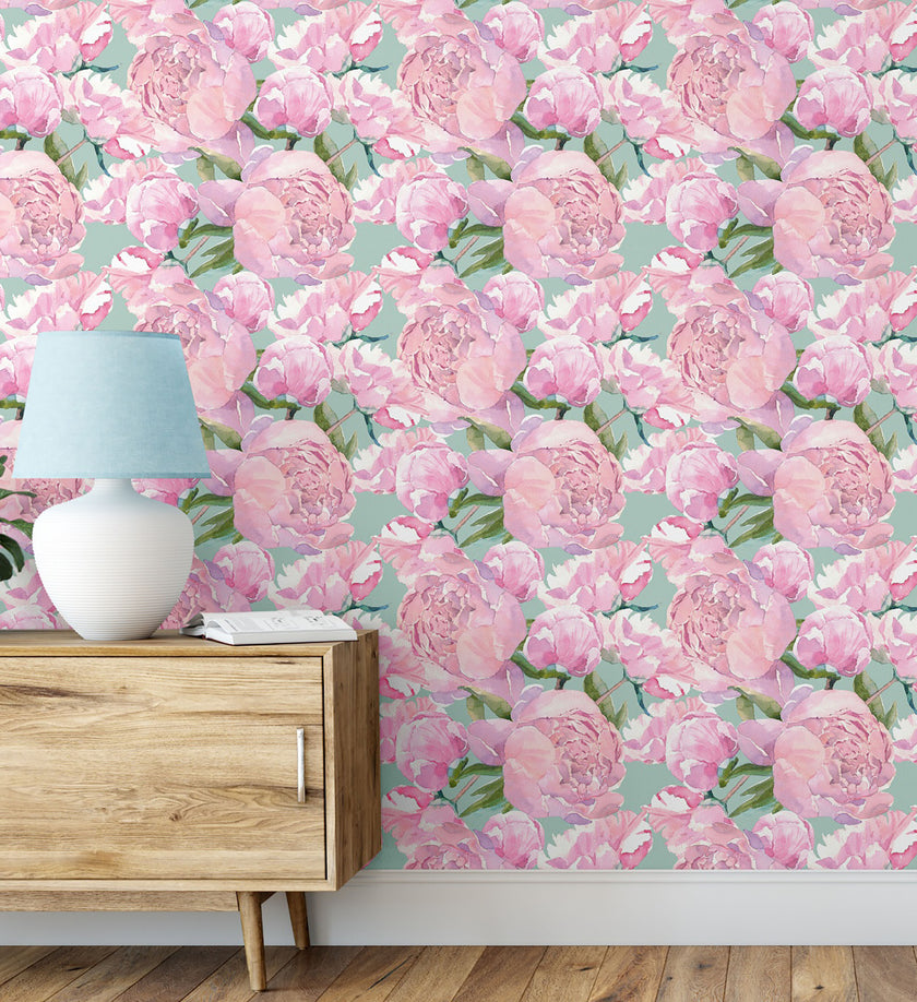 GW5141 Grace & Gardenia  Pink Watercolor Peonies Peel and Stick Wallpaper Roll 19 inch Wide x 18 ft. Long Pink Green
