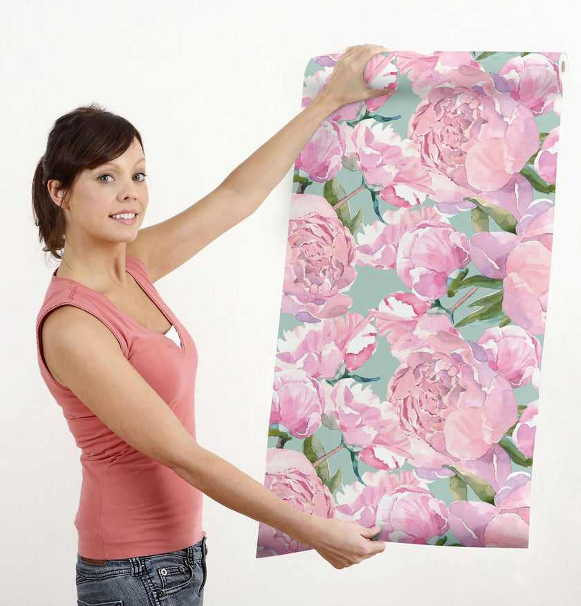 GW5141 Grace & Gardenia  Pink Watercolor Peonies Peel and Stick Wallpaper Roll 19 inch Wide x 18 ft. Long Pink Green
