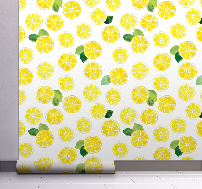 GW5151 Lemons with Leaves Peel and Stick Wallpaper Roll 19 inch Wide x 18 ft. Long, Yellow Green