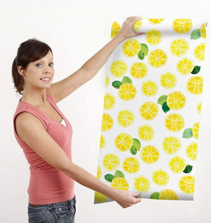 GW5151 Lemons with Leaves Peel and Stick Wallpaper Roll 19 inch Wide x 18 ft. Long, Yellow Green