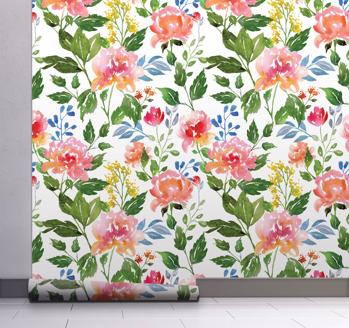 GW5161 Grace & Gardenia Watercolor Summer Flowers Peel and Stick  19 inch Wide x 18 ft. Long, Wallpaper Roll Green Pink Blue White