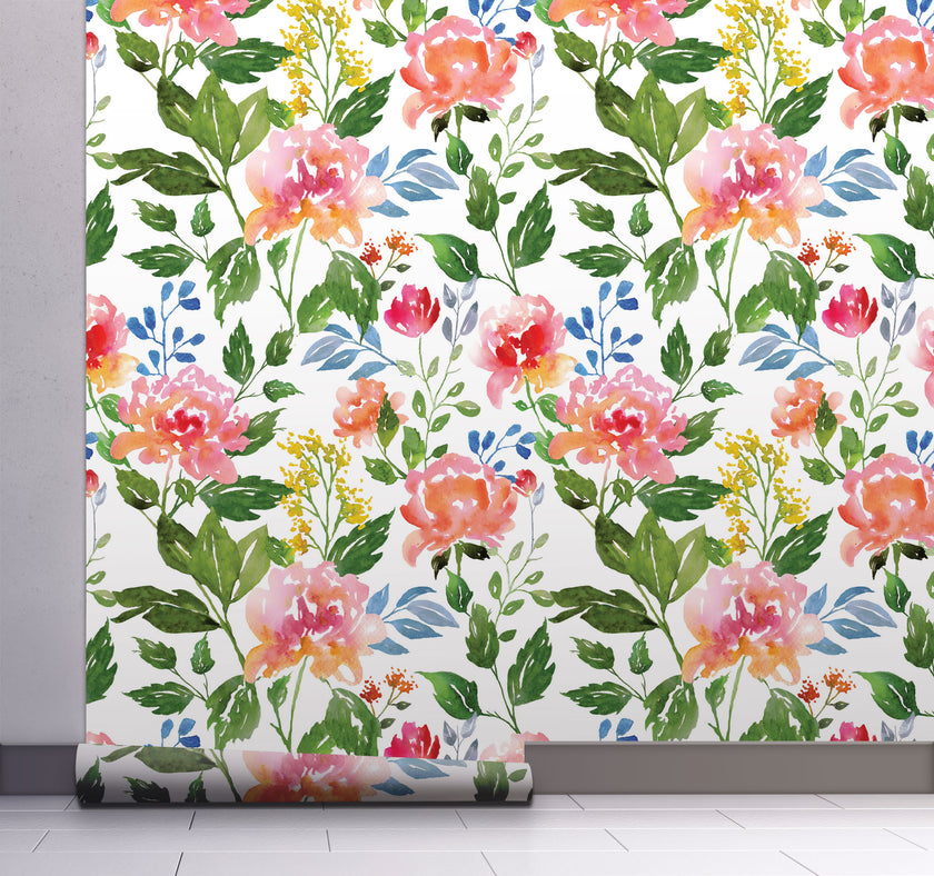 GW5161 Grace & Gardenia Watercolor Summer Flowers Peel and Stick  19 inch Wide x 18 ft. Long, Wallpaper Roll Green Pink Blue White