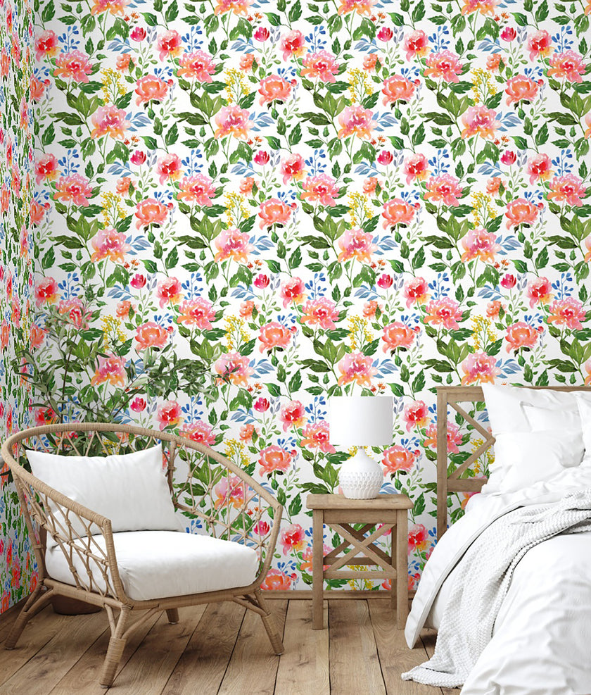 GW5161 Grace & Gardenia Watercolor Summer Flowers Peel and Stick  19 inch Wide x 18 ft. Long, Wallpaper Roll Green Pink Blue White