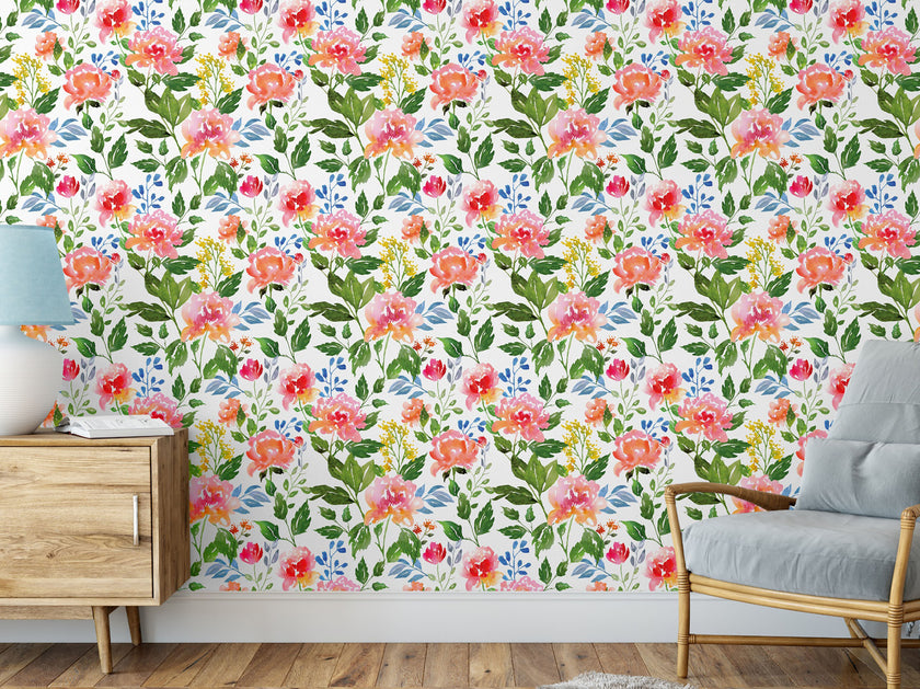 GW5161 Grace & Gardenia Watercolor Summer Flowers Peel and Stick  19 inch Wide x 18 ft. Long, Wallpaper Roll Green Pink Blue White