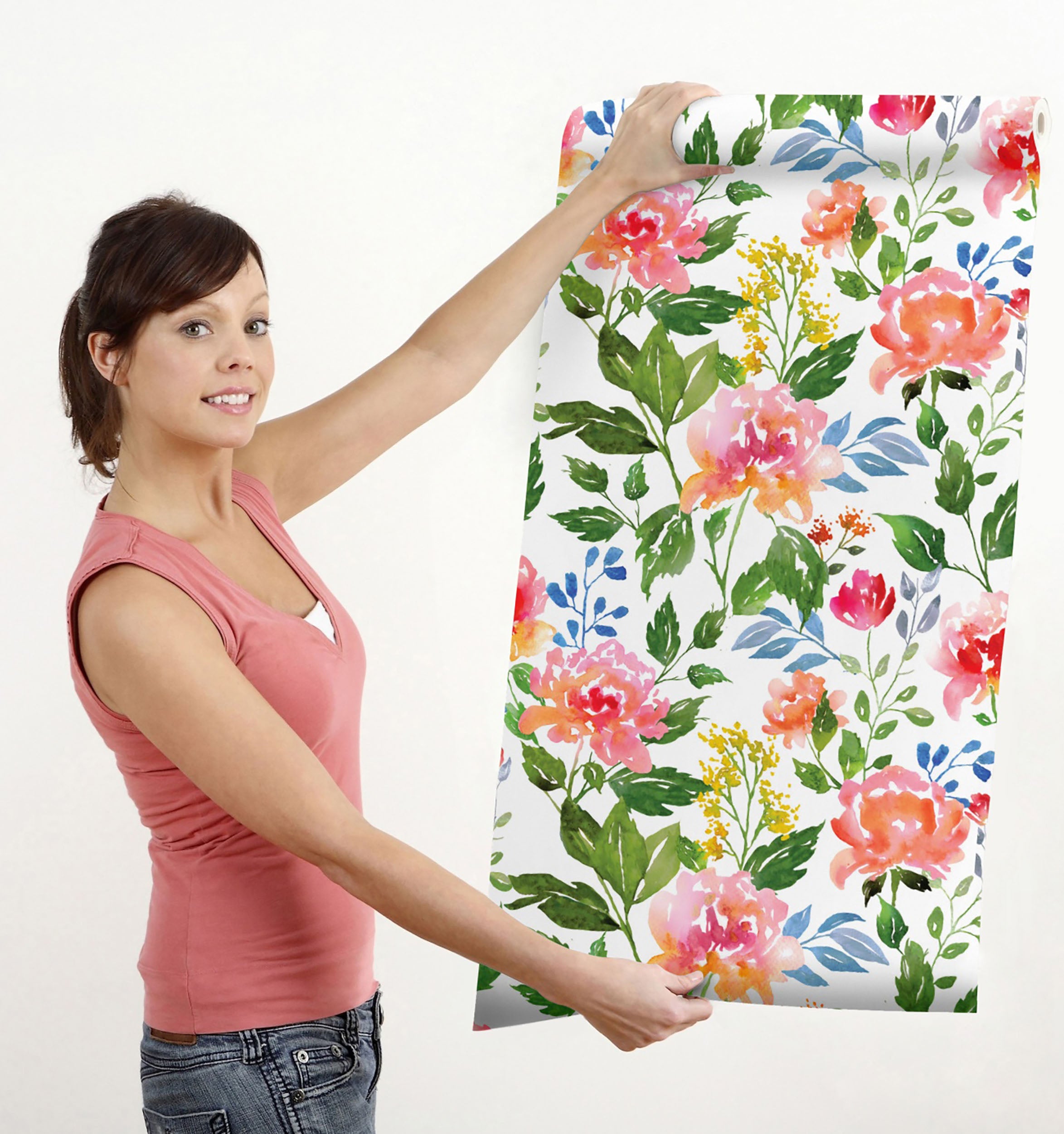 GW5161 Grace & Gardenia Watercolor Summer Flowers Peel and Stick  20.5 inch Wide x 18 ft. Long, Wallpaper Roll Green Pink Blue White