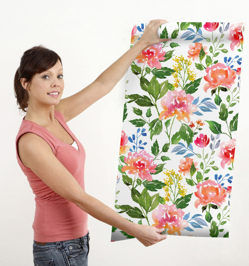 GW5161 Grace & Gardenia Watercolor Summer Flowers Peel and Stick  19 inch Wide x 18 ft. Long, Wallpaper Roll Green Pink Blue White