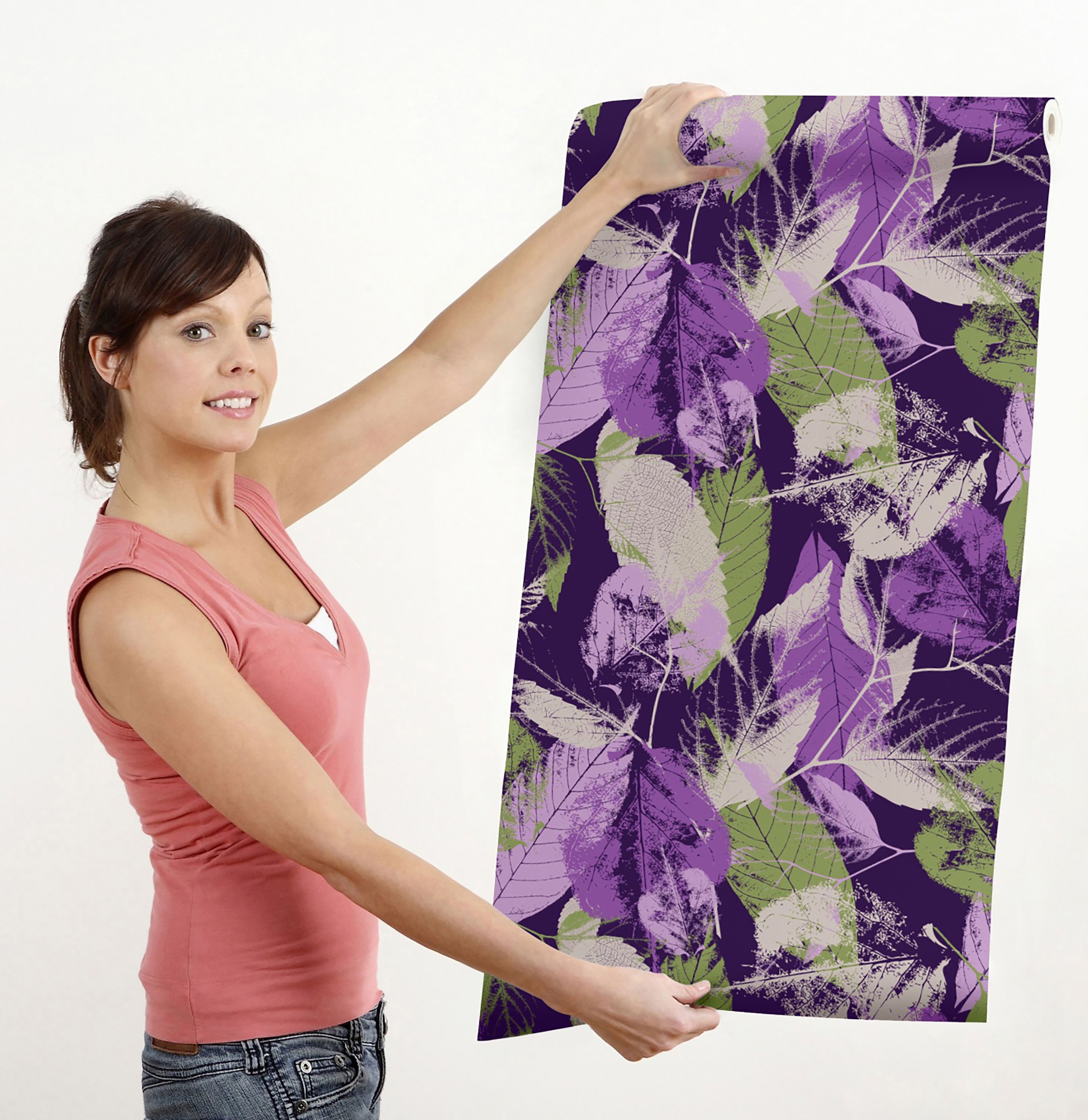 GW5171 Grace & Gardenia Leaf Print Pattern Peel and Stick Wallpaper Roll 20.5 inch Wide x 18 ft. Long, Green Purple