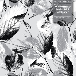 GW5172 Leaf Print Pattern Peel and Stick Wallpaper Roll 19 inch Wide x 18 ft. Long Black White