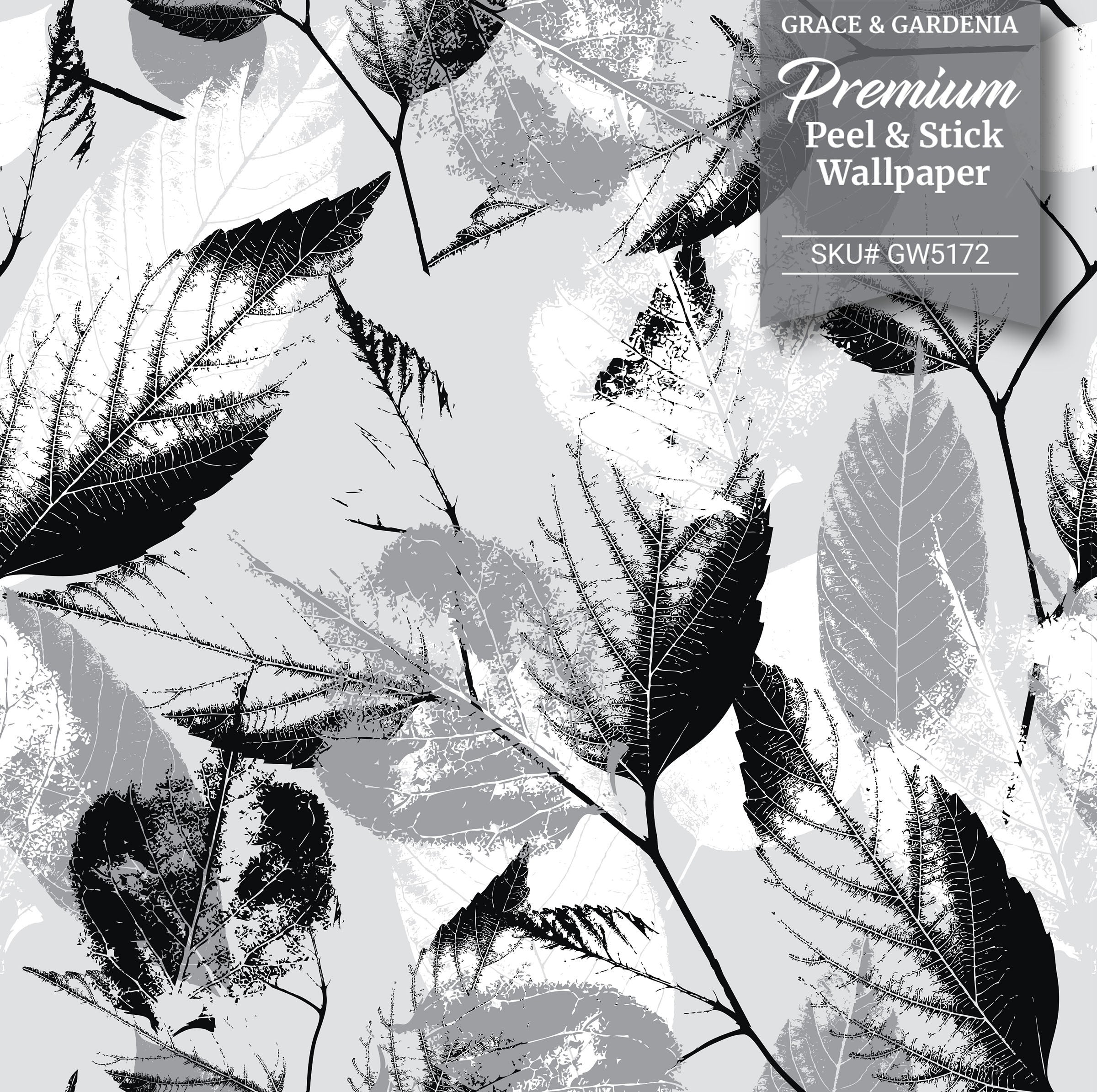 GW5172 Grace & Gardenia Leaf Print Pattern Peel and Stick Wallpaper Roll 20.5 inch Wide x 18 ft. Long, Black White