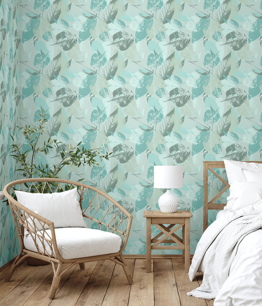 GW5173 Leaf Print Pattern Peel and Stick Wallpaper Roll 19 inch Wide x 18 ft. Long Aqua Gray Cream