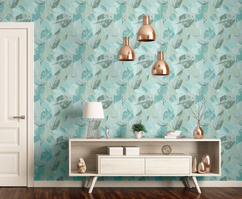 GW5173 Leaf Print Pattern Peel and Stick Wallpaper Roll 19 inch Wide x 18 ft. Long Aqua Gray Cream