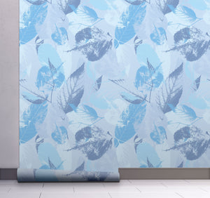 GW5174 Leaf Print Peel and Stick Wallpaper Roll 19 inch Wide x 18 ft. Long Blue Gray White