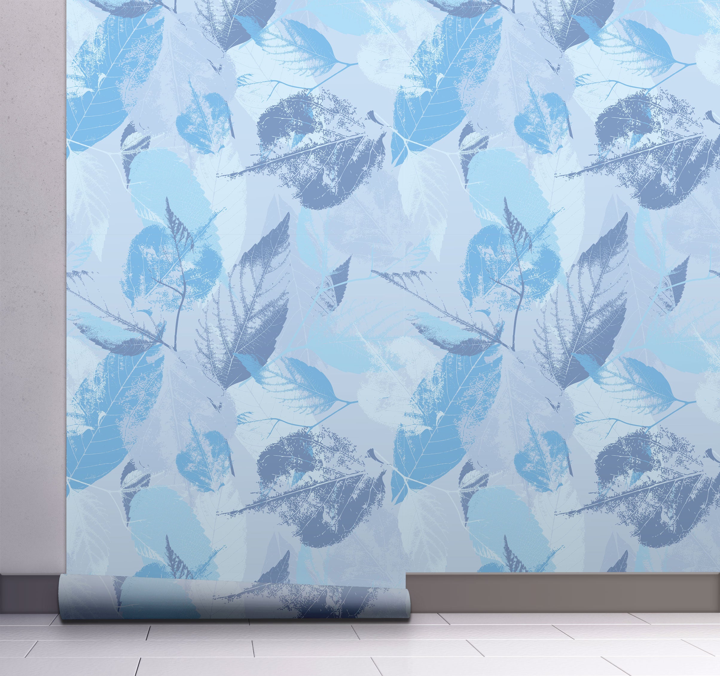 GW5174 Grace & Gardenia Leaf Print Pattern Peel and Stick Wallpaper Roll 20.5 inch Wide x 18 ft. Long, Blue Gray White