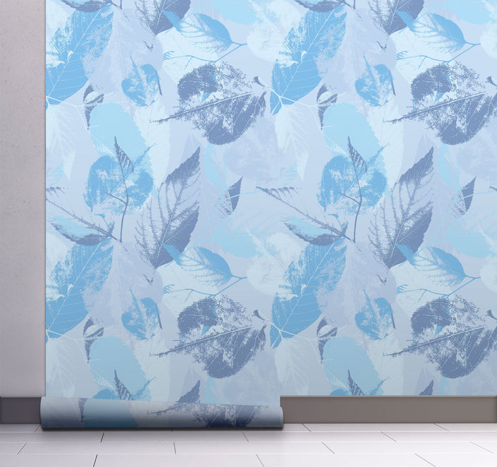 GW5174 Leaf Print Peel and Stick Wallpaper Roll 19 inch Wide x 18 ft. Long Blue Gray White