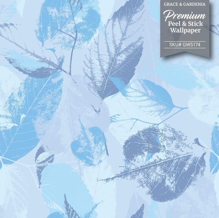 GW5174 Leaf Print Peel and Stick Wallpaper Roll 19 inch Wide x 18 ft. Long Blue Gray White
