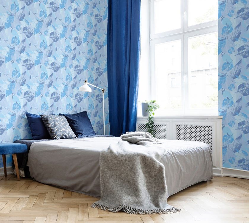 GW5174 Leaf Print Peel and Stick Wallpaper Roll 19 inch Wide x 18 ft. Long Blue Gray White