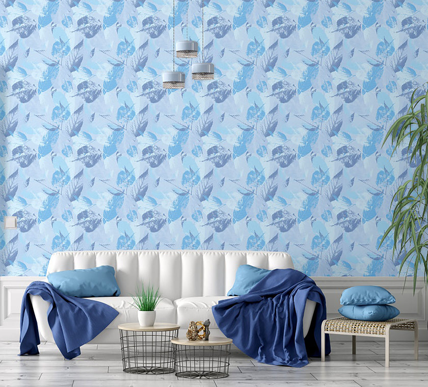 GW5174 Leaf Print Peel and Stick Wallpaper Roll 19 inch Wide x 18 ft. Long Blue Gray White