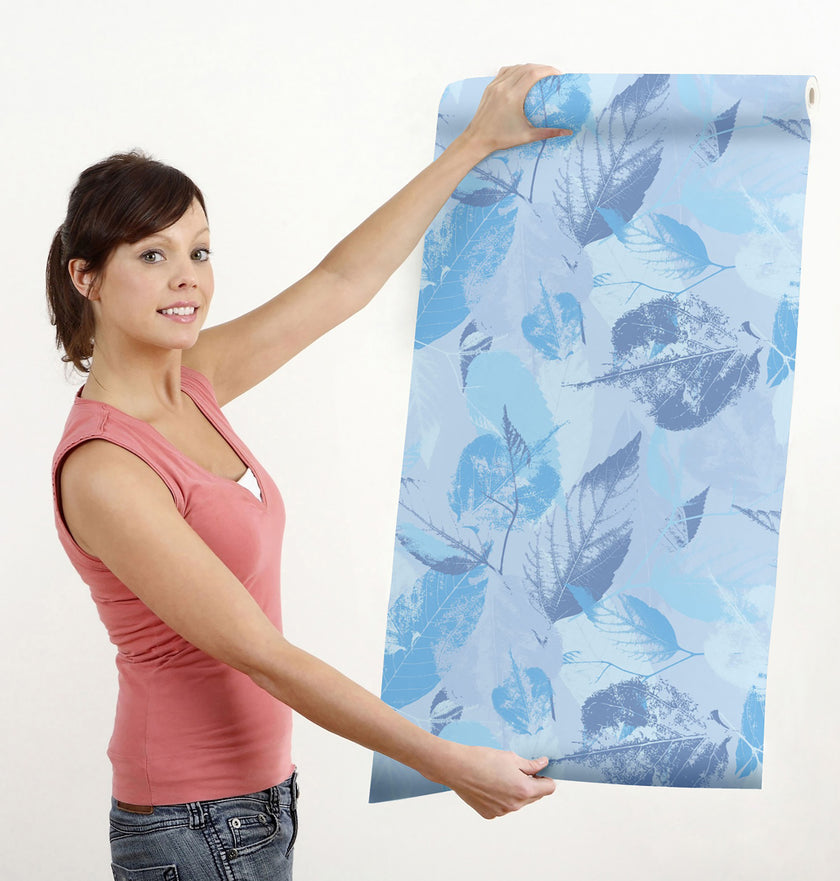 GW5174 Leaf Print Peel and Stick Wallpaper Roll 19 inch Wide x 18 ft. Long Blue Gray White