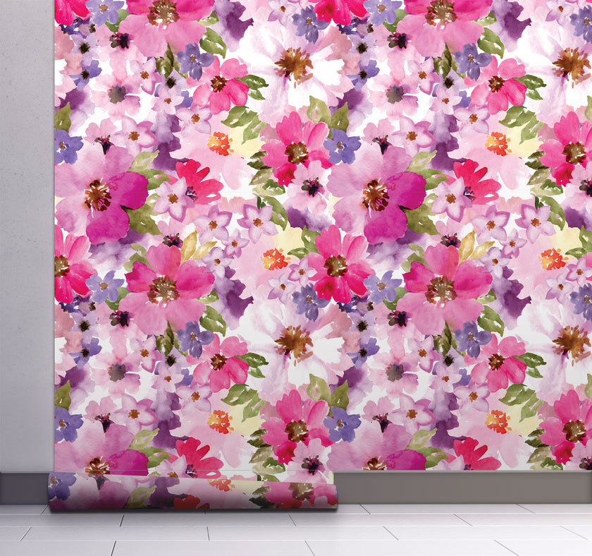 GW5181 Romantic Watercolor Flowers Peel and Stick Wallpaper Roll 19 inch Wide x 18 ft. Long Pink Purple