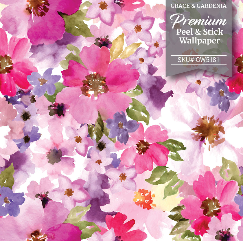 GW5181 Romantic Watercolor Flowers Peel and Stick Wallpaper Roll 19 inch Wide x 18 ft. Long Pink Purple