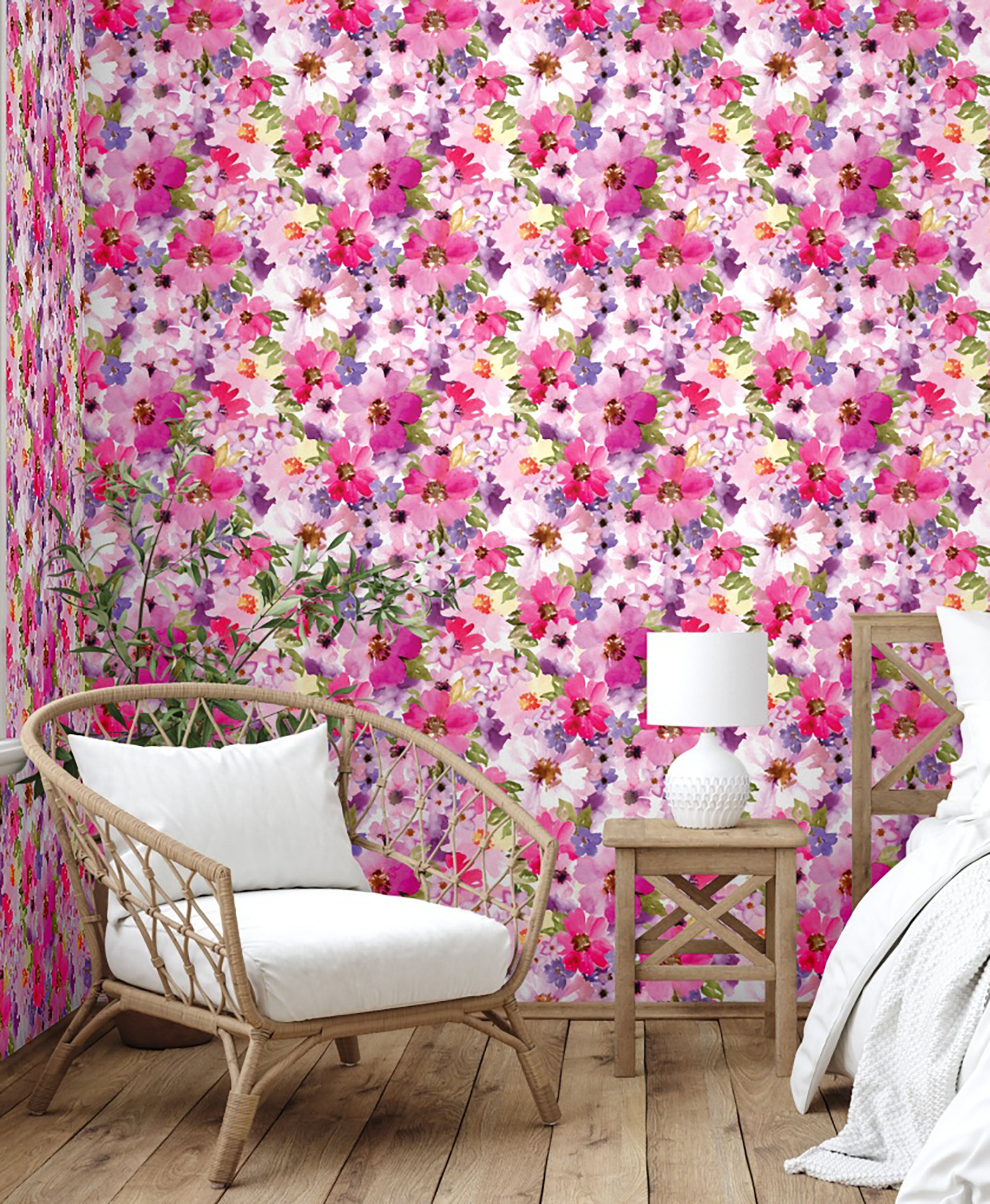 GW5181 Grace & Gardenia Romantic Watercolor Flowers Peel and Stick Wallpaper Roll 20.5 inch Wide x 18 ft. Long, Pink Purple