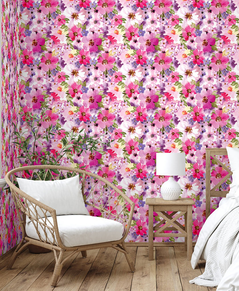 GW5181 Romantic Watercolor Flowers Peel and Stick Wallpaper Roll 19 inch Wide x 18 ft. Long Pink Purple