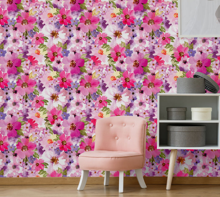 GW5181 Romantic Watercolor Flowers Peel and Stick Wallpaper Roll 19 inch Wide x 18 ft. Long Pink Purple