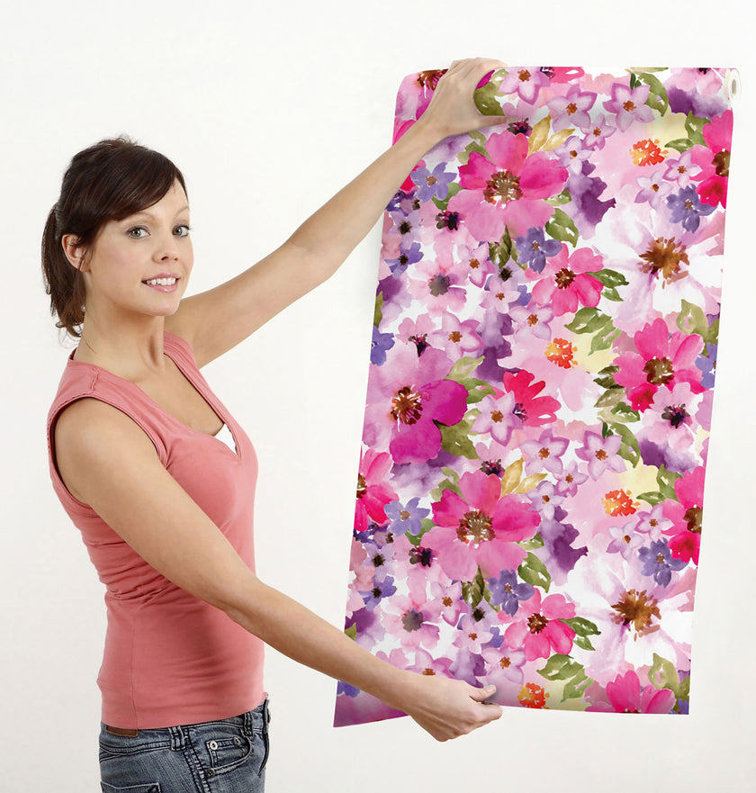 GW5181 Romantic Watercolor Flowers Peel and Stick Wallpaper Roll 19 inch Wide x 18 ft. Long Pink Purple