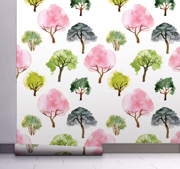 GW5191 Grace & Gardenia Watercolor Trees Peel and Stick Wallpaper Roll 20.5 inch Wide x 18 ft. Long, Pink Green Brown