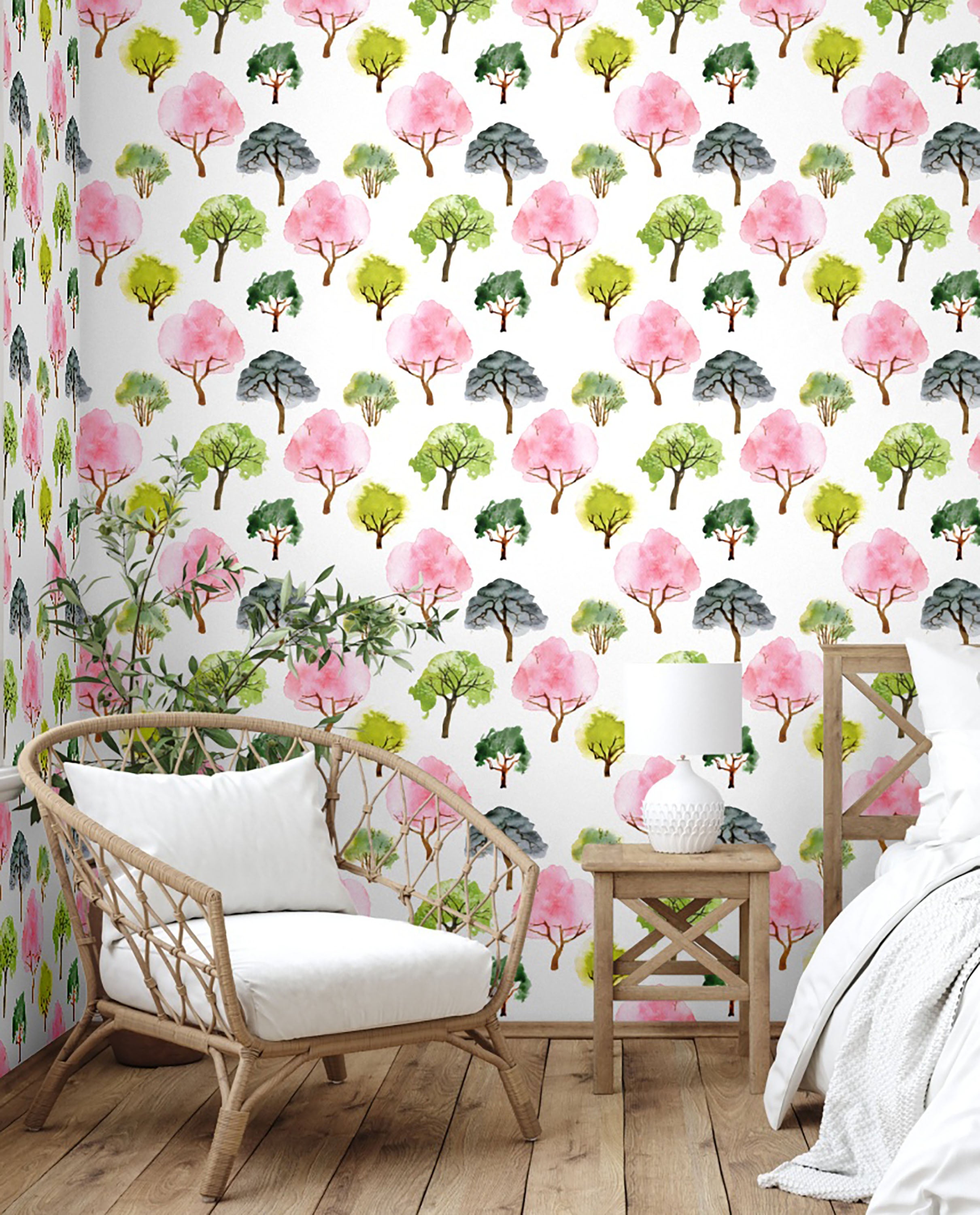 GW5191 Grace & Gardenia Watercolor Trees Peel and Stick Wallpaper Roll 20.5 inch Wide x 18 ft. Long, Pink Green Brown