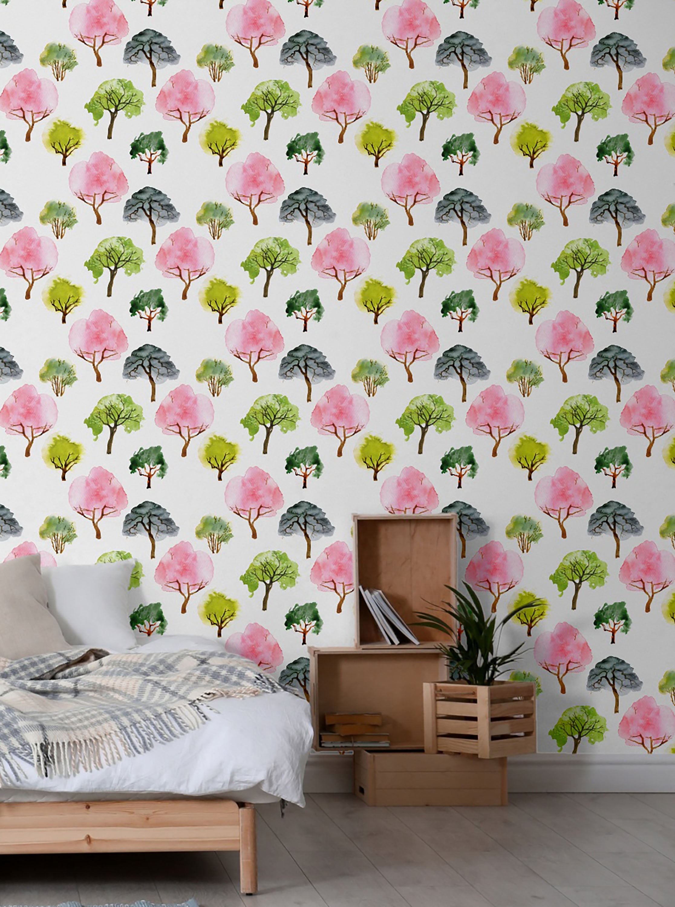 GW5191 Grace & Gardenia Watercolor Trees Peel and Stick Wallpaper Roll 20.5 inch Wide x 18 ft. Long, Pink Green Brown