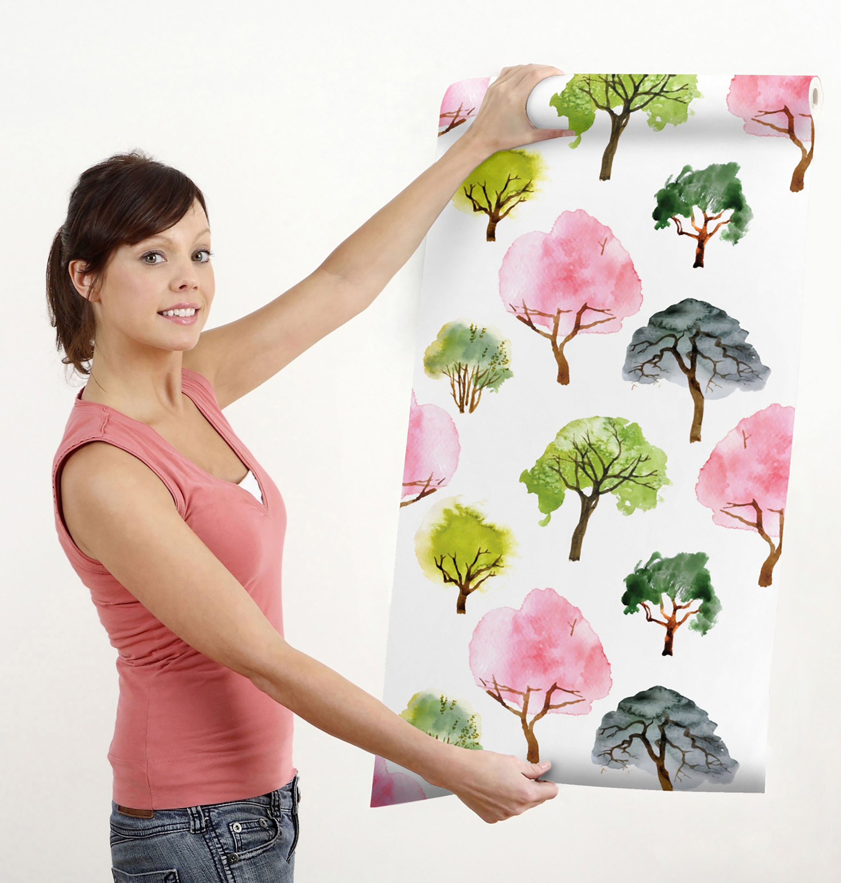 GW5191 Grace & Gardenia Watercolor Trees Peel and Stick Wallpaper Roll 20.5 inch Wide x 18 ft. Long, Pink Green Brown