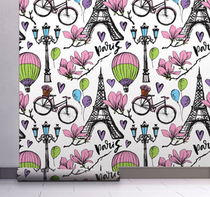 GW5201 Grace & Gardenia Paris Balloons & Flowers Peel and Stick Wallpaper Roll 20.5 inch Wide x 18 ft. Long, Pink Purple Black Green