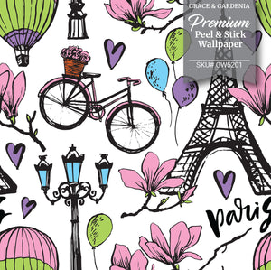 GW5201 Paris Balloons & Flowers Peel and Stick Wallpaper Roll 19 inch Wide x 18 ft. Long Pink Purple Black Green