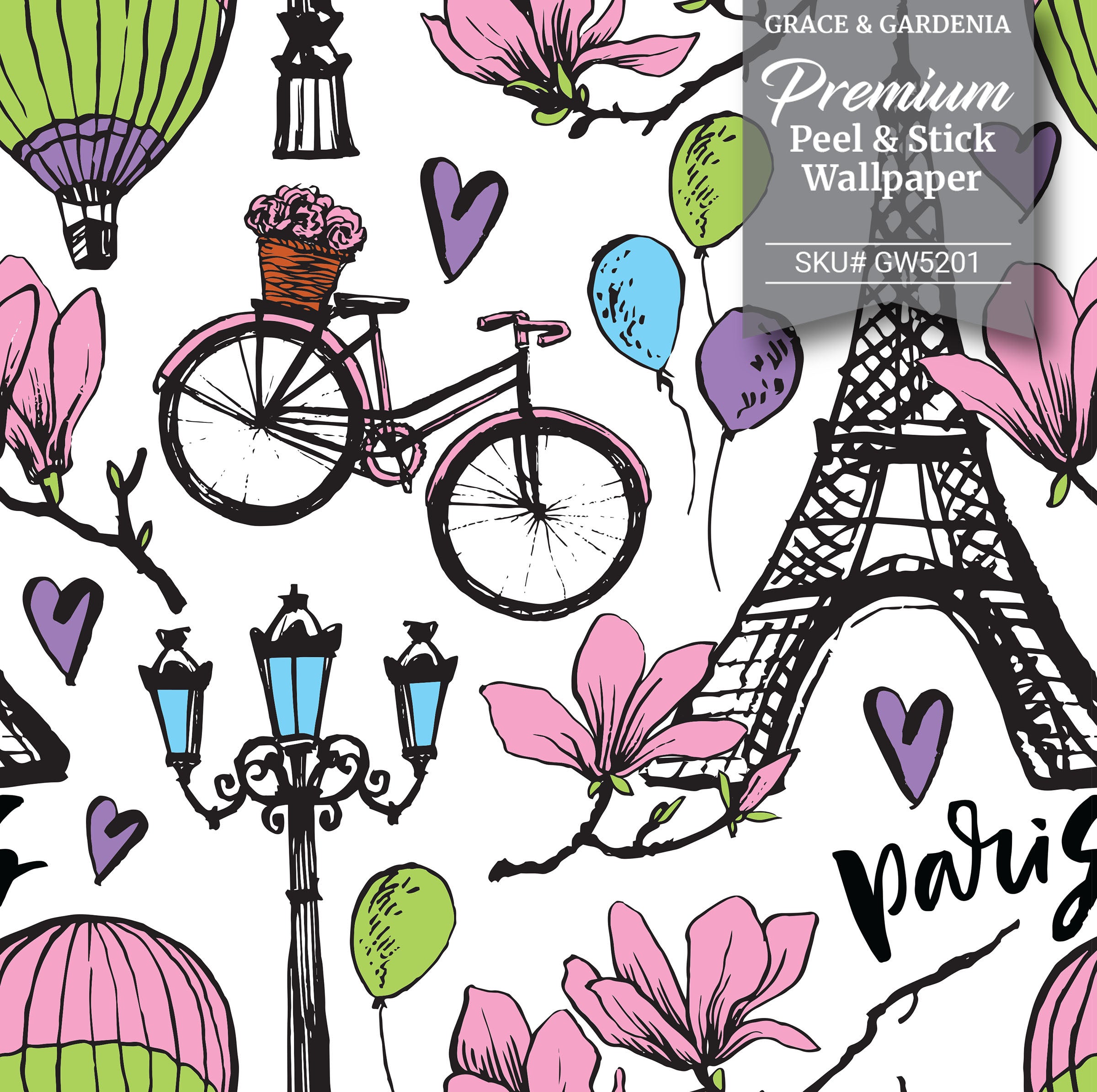 GW5201 Grace & Gardenia Paris Balloons & Flowers Peel and Stick Wallpaper Roll 20.5 inch Wide x 18 ft. Long, Pink Purple Black Green