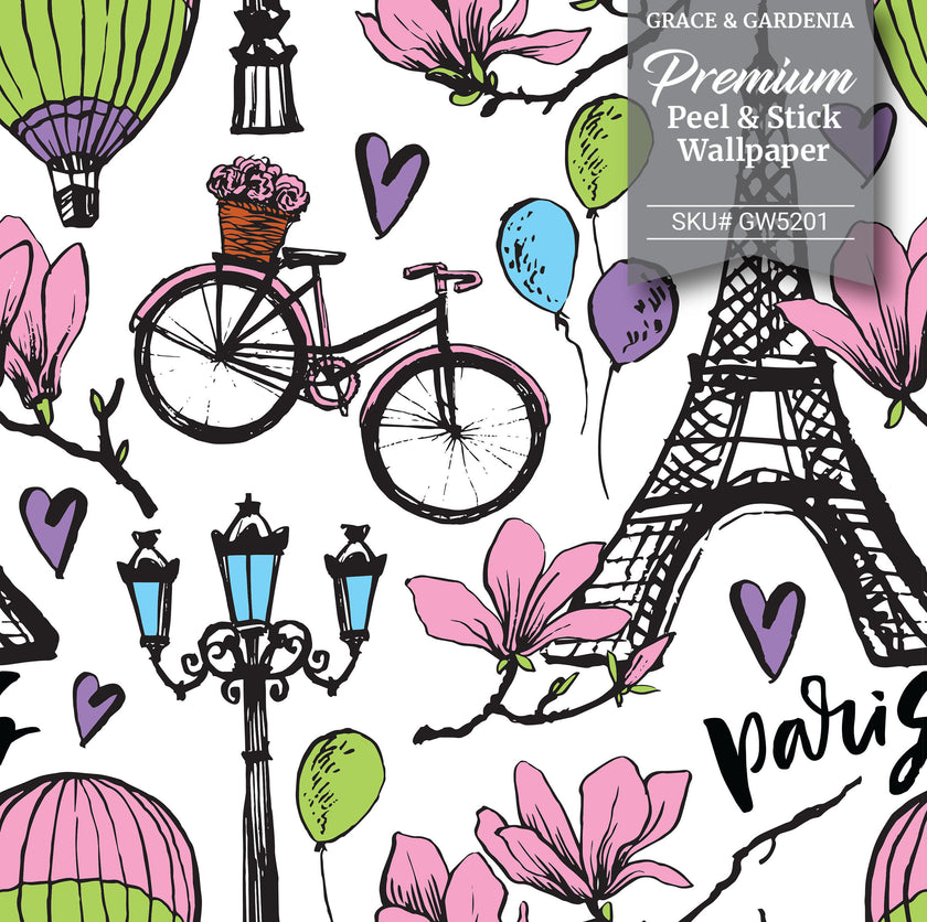 GW5201 Paris Balloons & Flowers Peel and Stick Wallpaper Roll 19 inch Wide x 18 ft. Long Pink Purple Black Green