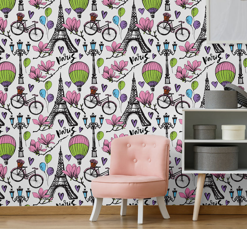 GW5201 Paris Balloons & Flowers Peel and Stick Wallpaper Roll 19 inch Wide x 18 ft. Long Pink Purple Black Green