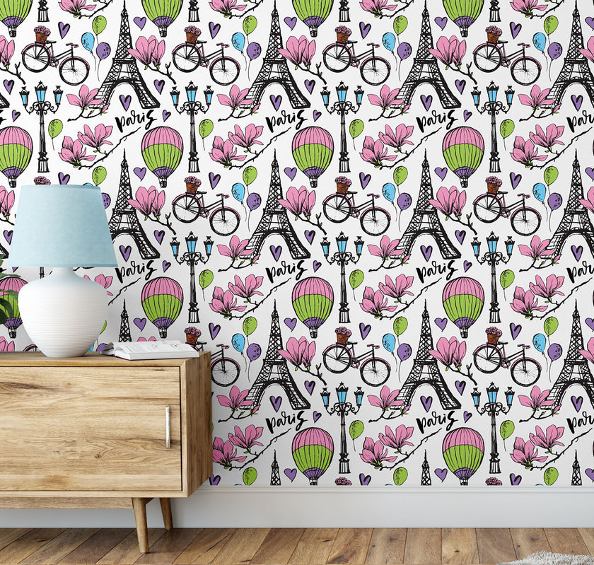 GW5201 Paris Balloons & Flowers Peel and Stick Wallpaper Roll 19 inch Wide x 18 ft. Long Pink Purple Black Green