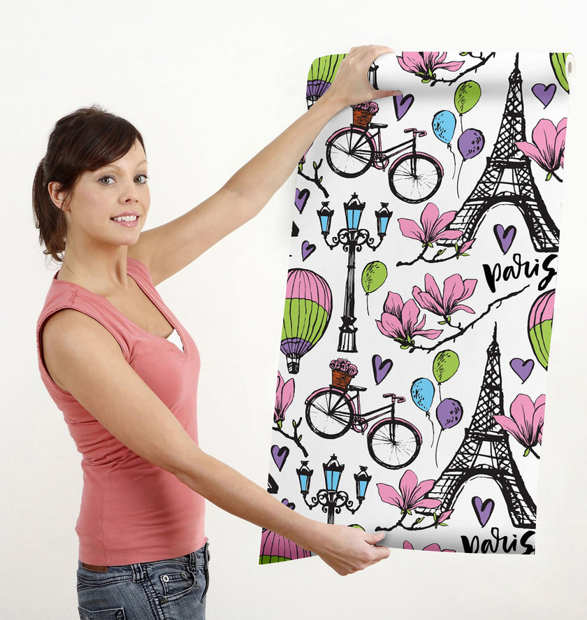 GW5201 Paris Balloons & Flowers Peel and Stick Wallpaper Roll 19 inch Wide x 18 ft. Long Pink Purple Black Green