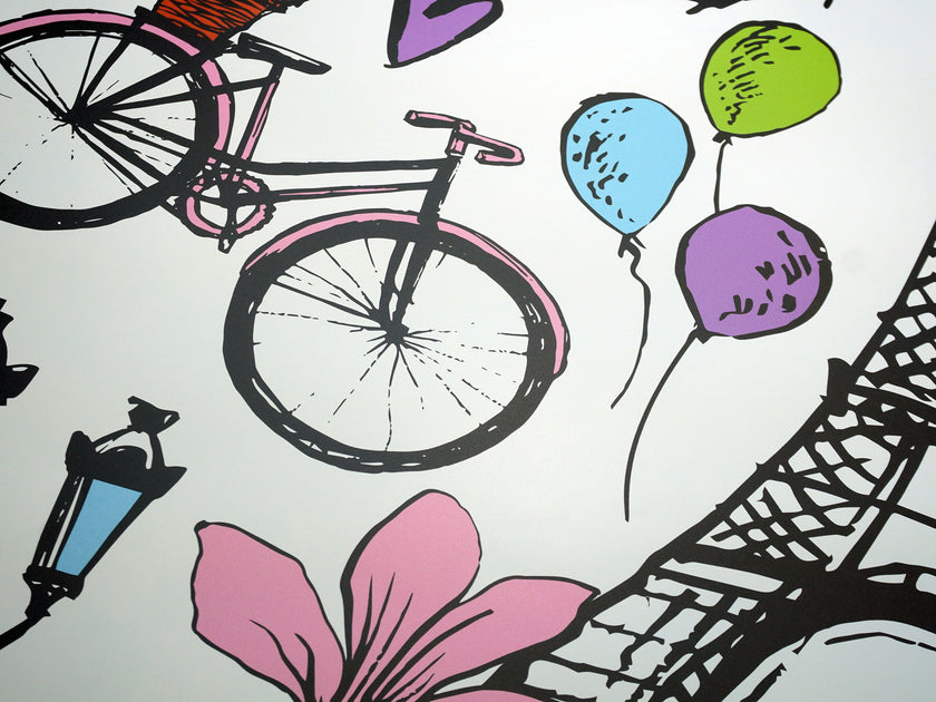 GW5201 Paris Balloons & Flowers Peel and Stick Wallpaper Roll 19 inch Wide x 18 ft. Long Pink Purple Black Green