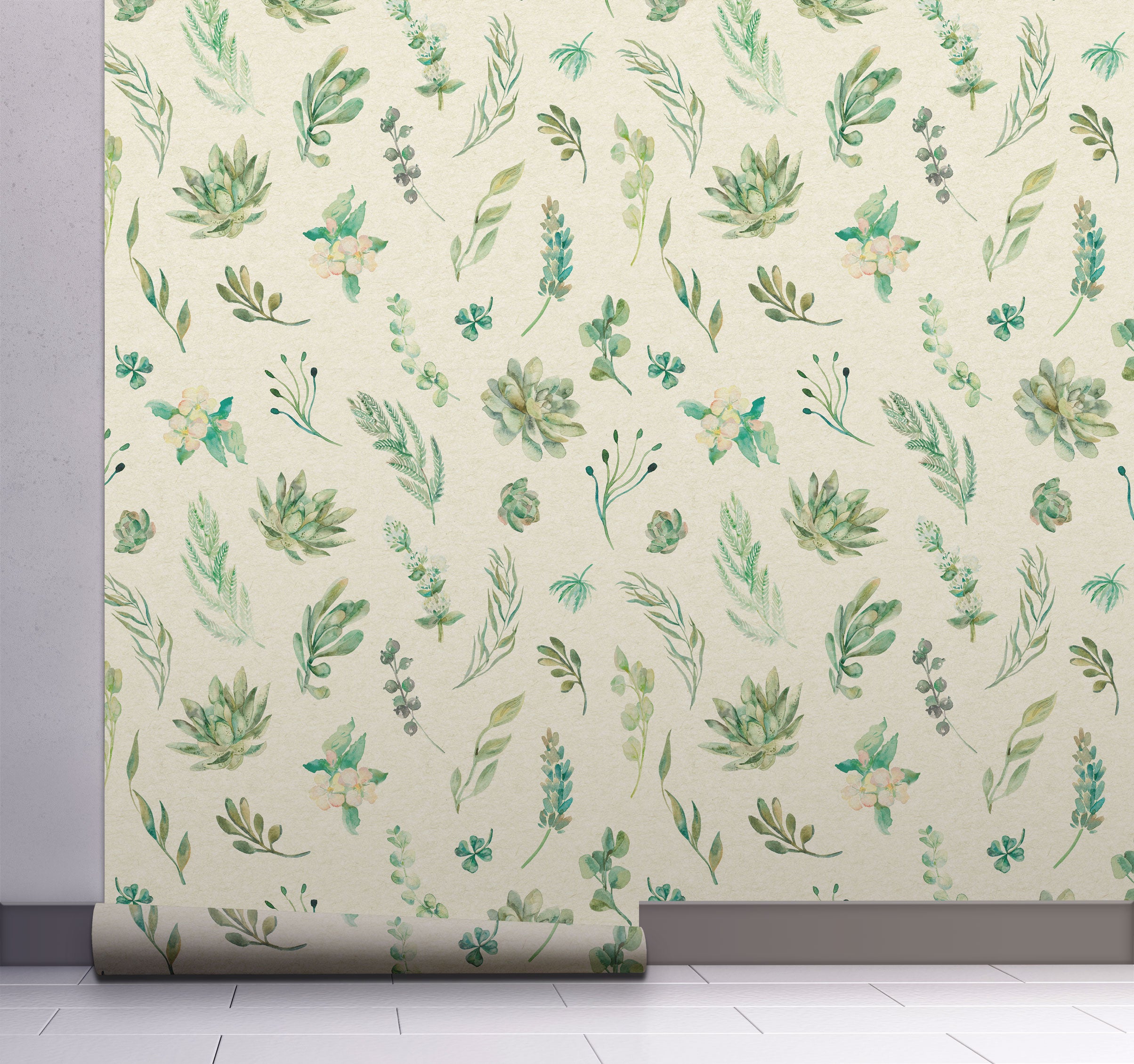 GW5211 Grace & Gardenia Watercolor Succulents on Texture Peel and Stick Wallpaper Roll 20.5 inch Wide x 18 ft. Long, Green Cream