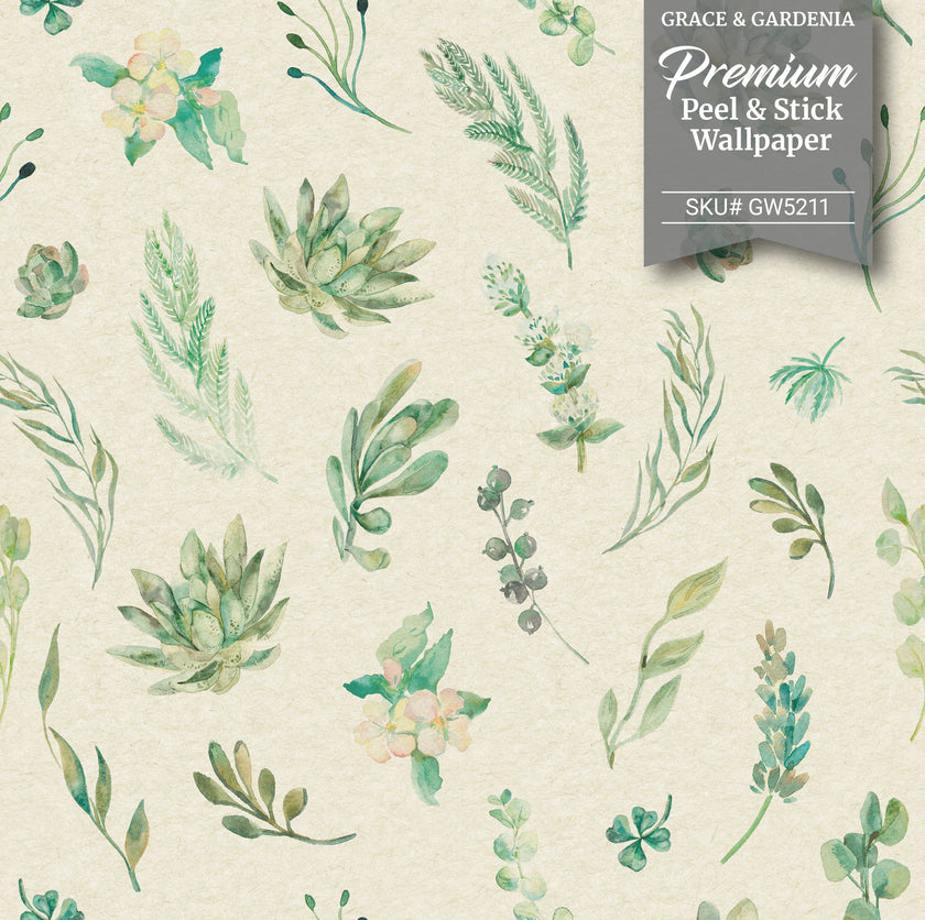 GW5211 Watercolor Succulents on Texture Peel and Stick Wallpaper Roll 19 inch Wide x 18 ft. Long Green Cream