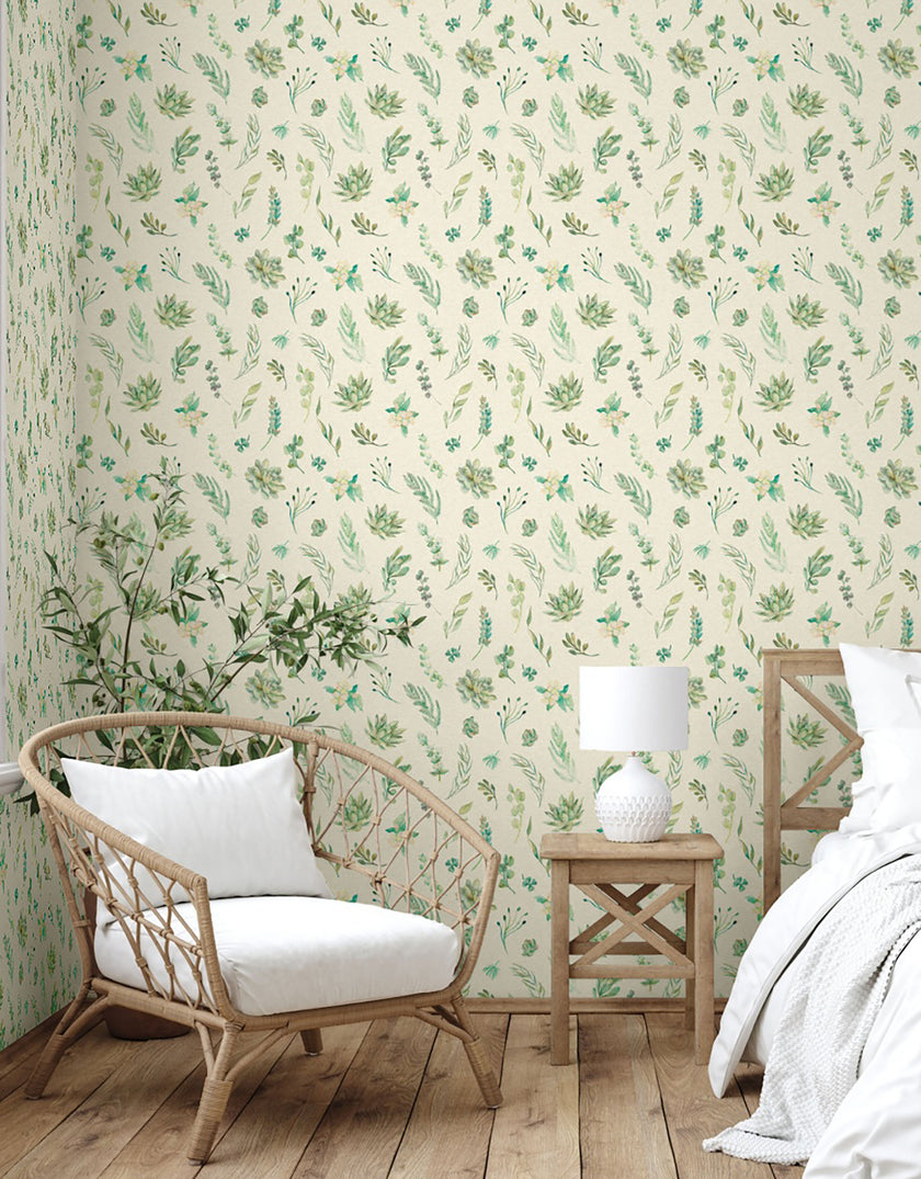 GW5211 Watercolor Succulents on Texture Peel and Stick Wallpaper Roll 19 inch Wide x 18 ft. Long Green Cream