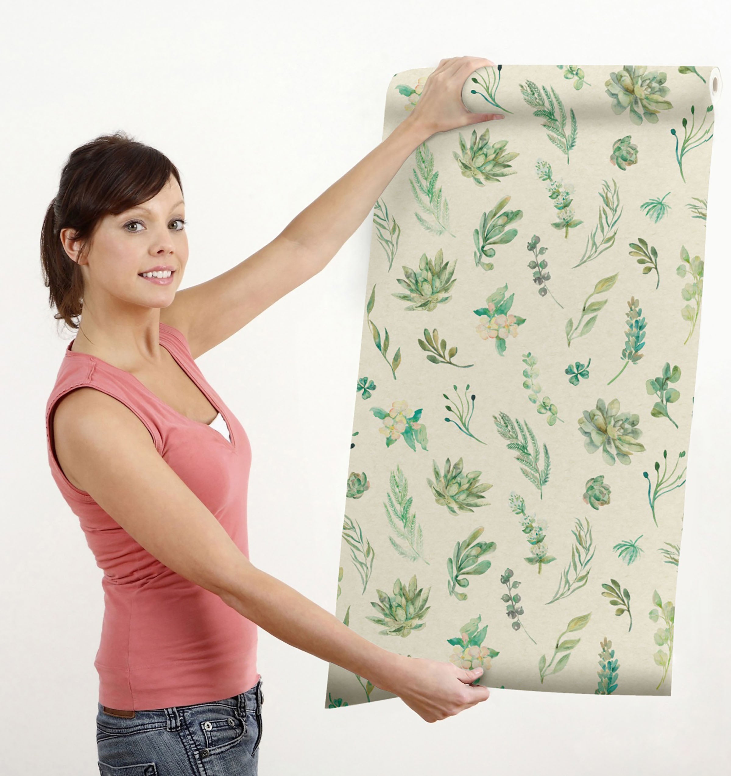 GW5211 Grace & Gardenia Watercolor Succulents on Texture Peel and Stick Wallpaper Roll 20.5 inch Wide x 18 ft. Long, Green Cream