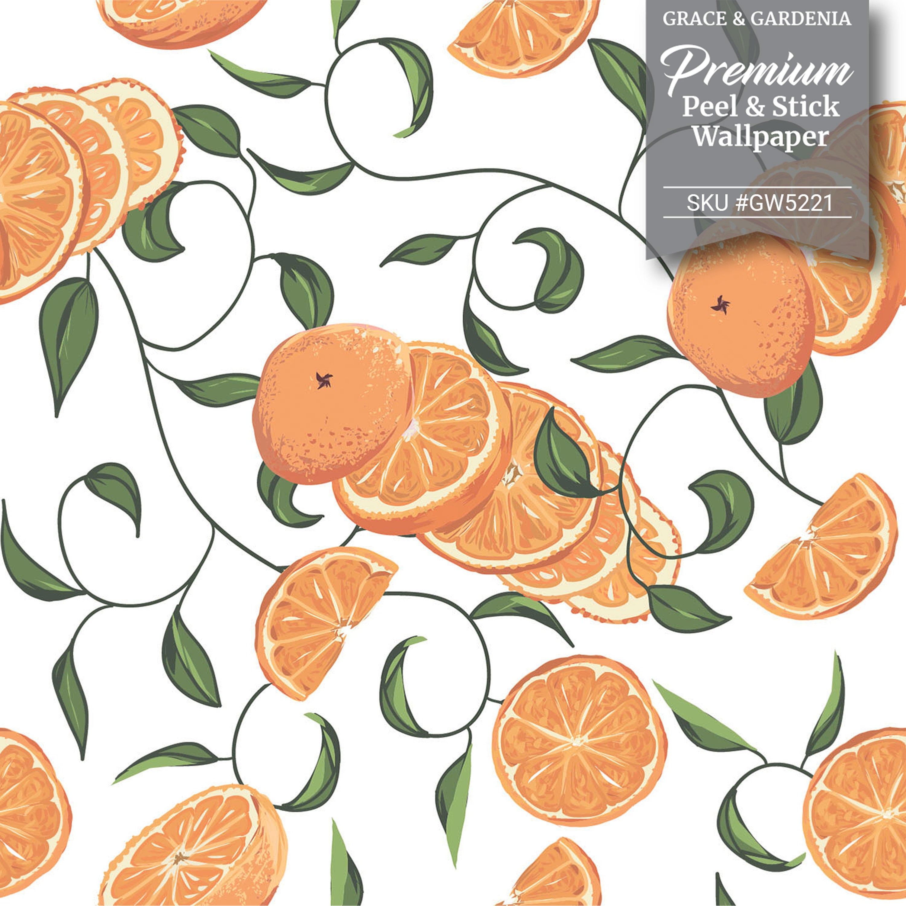 GW5221 Grace & Gardenia Oranges with Vines Peel and Stick Wallpaper Roll 20.5 inch Wide x 18 ft. Long, Orange Green