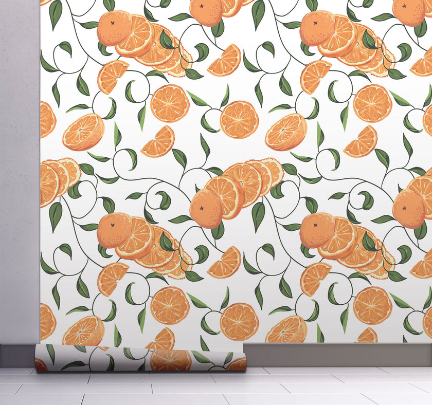 GW5221 Oranges with Vines Peel and Stick Wallpaper Roll 19 inch Wide x 18 ft. Long Orange Green