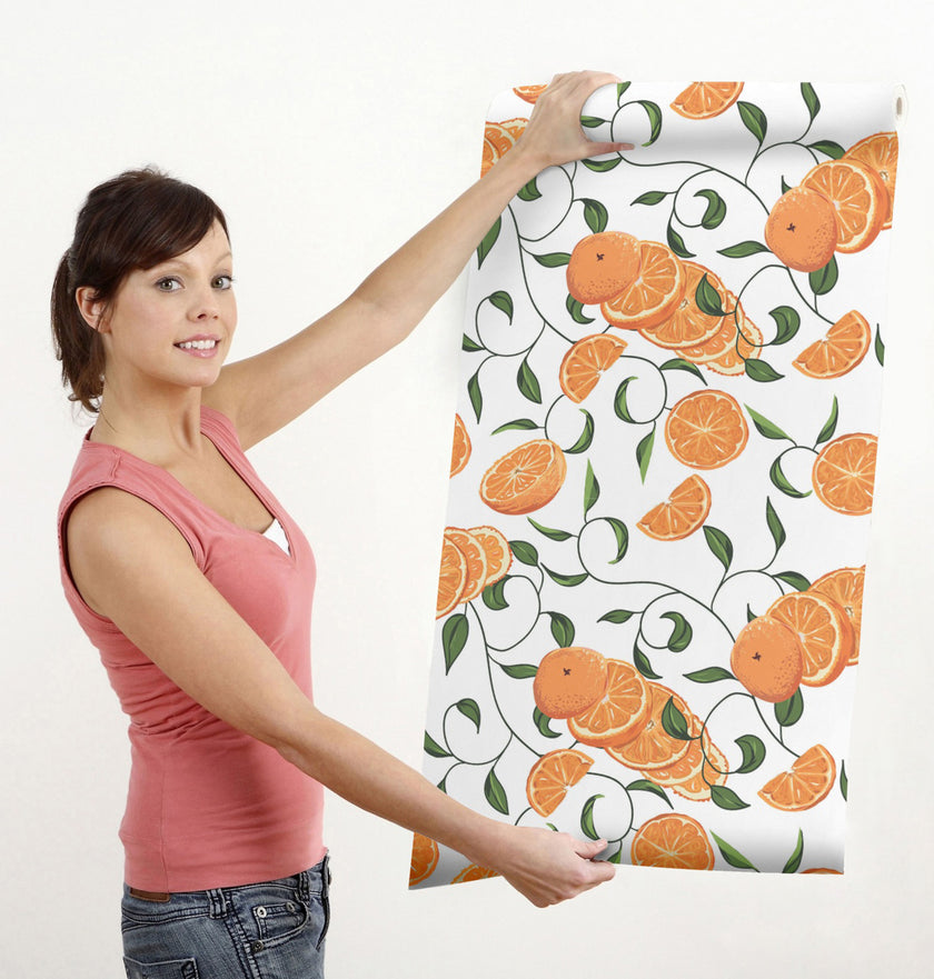 GW5221 Oranges with Vines Peel and Stick Wallpaper Roll 19 inch Wide x 18 ft. Long Orange Green