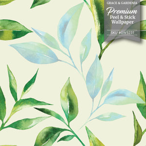 GW5231 Pastel Watercolor Leaves Peel and Stick Wallpaper Roll 19 inch Wide x 18 ft. Long Green Blue